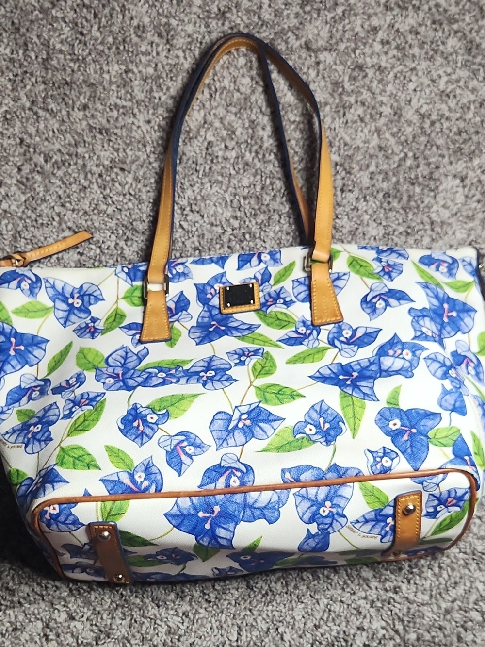 Dooney & Bourke Blue Floral Tote with Tan Trim Vintage